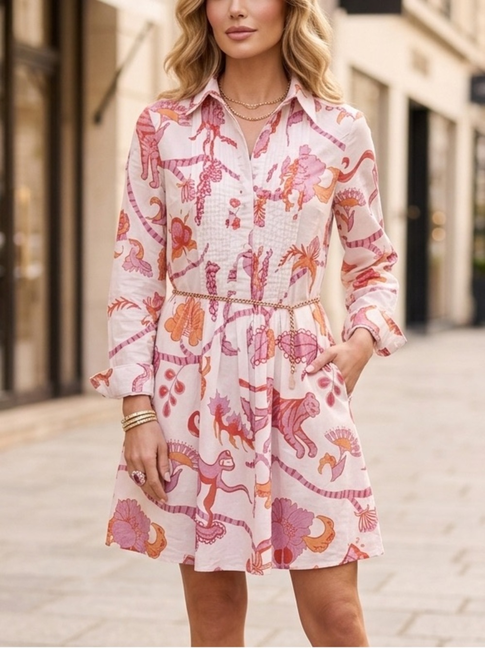 Sheridan French‎ Pink Orange Jungle Monkey Tiger Print Pintuck Cotton Dress M